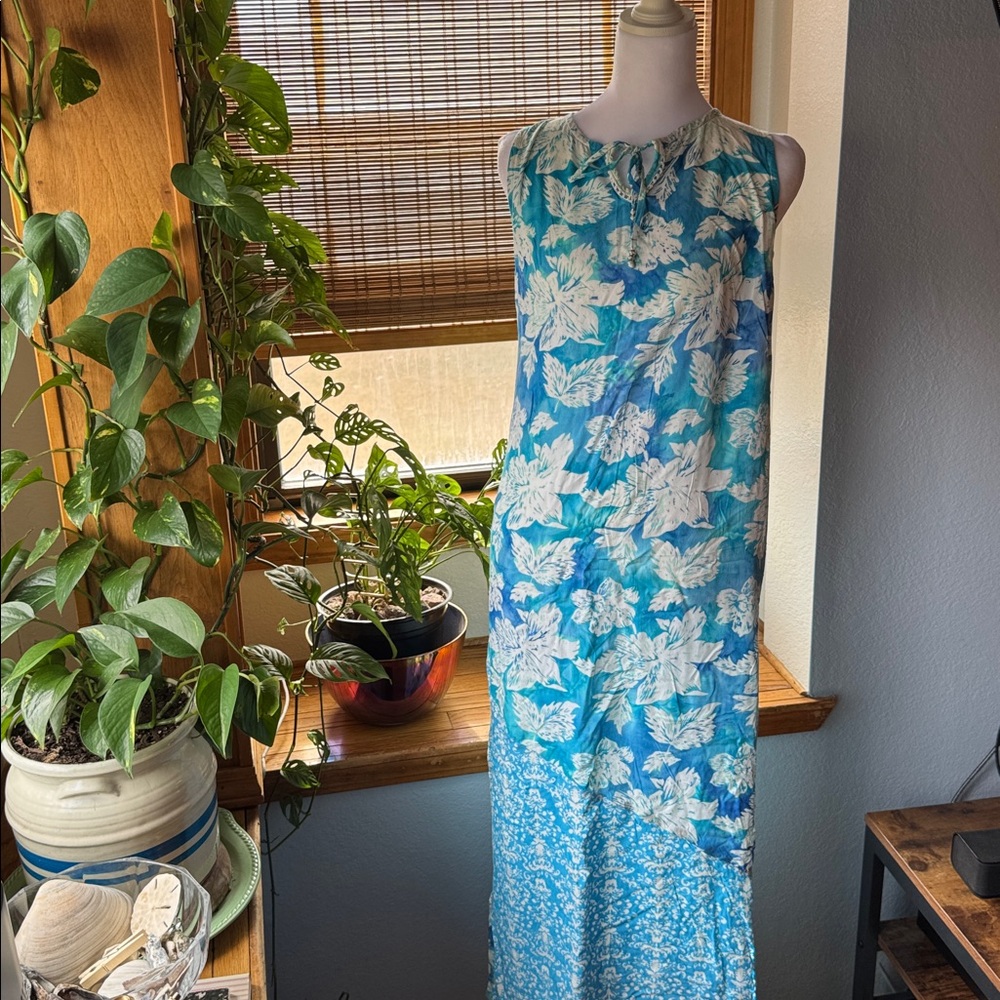 Santiki Hawaiian Floral Maxi Sundress Blue/White SZ Small vacation cruise summer
